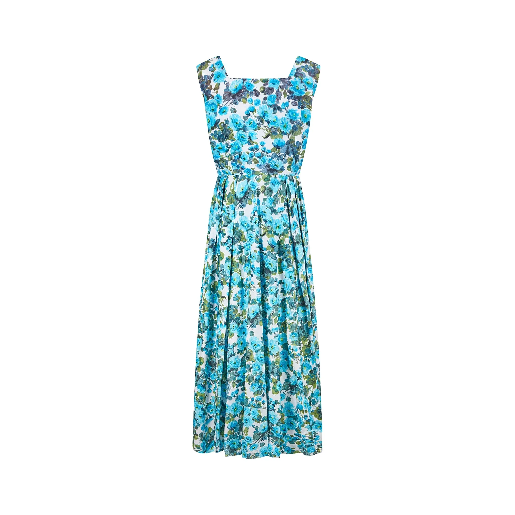 1950s Blue Floral Cotton Rose Print Maxi Dress