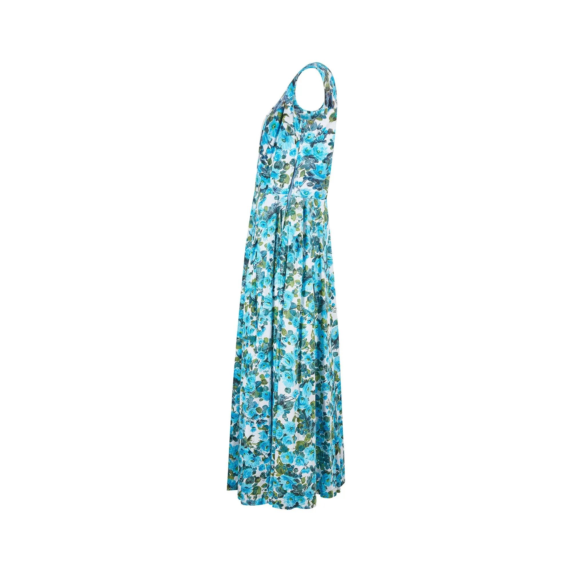 1950s Blue Floral Cotton Rose Print Maxi Dress