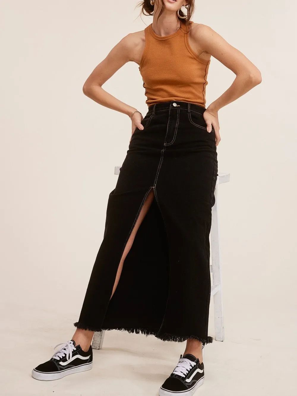 27 Belle Denim Front Split Maxi Skirt