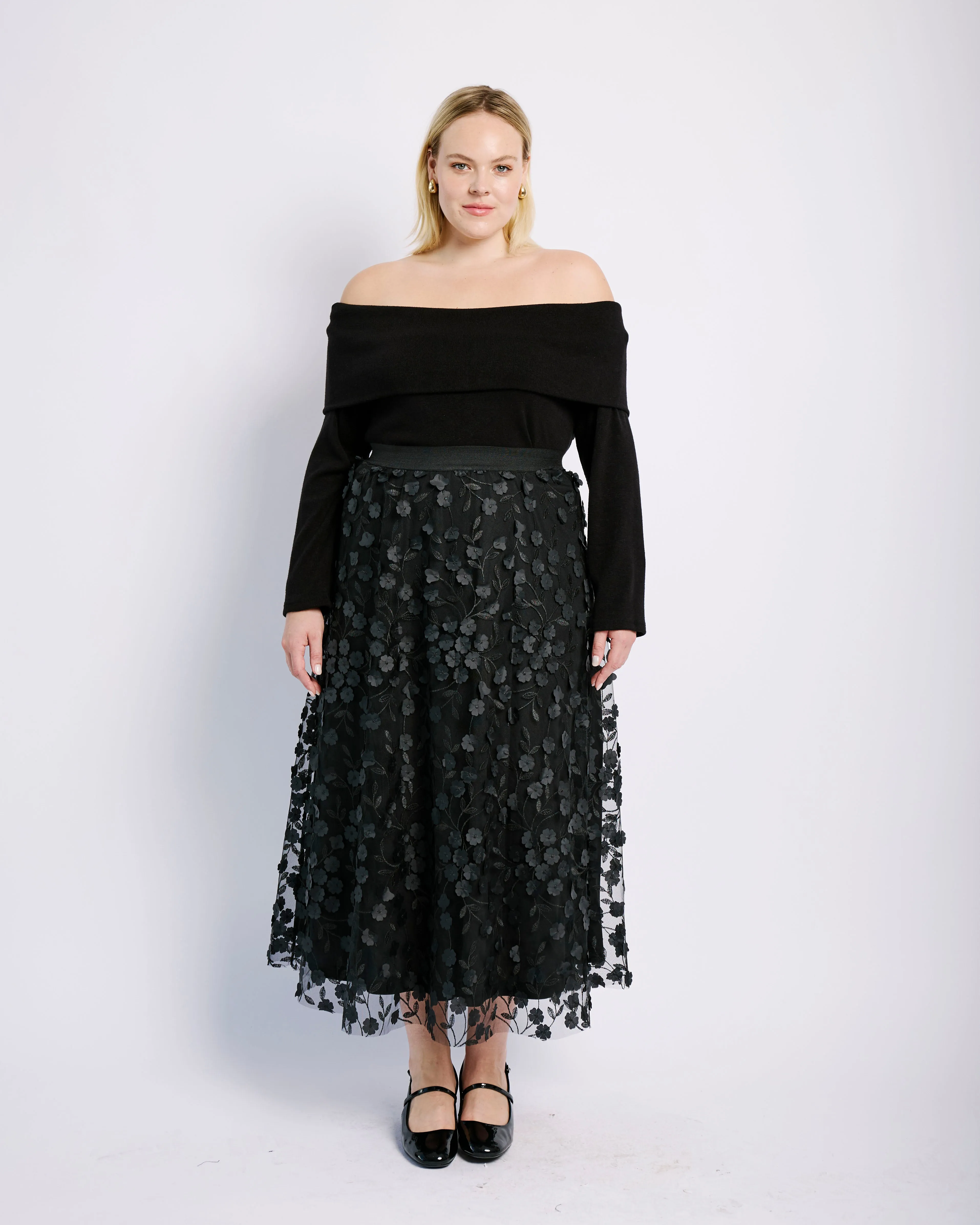 3D Flower Tulle Skirt in Black