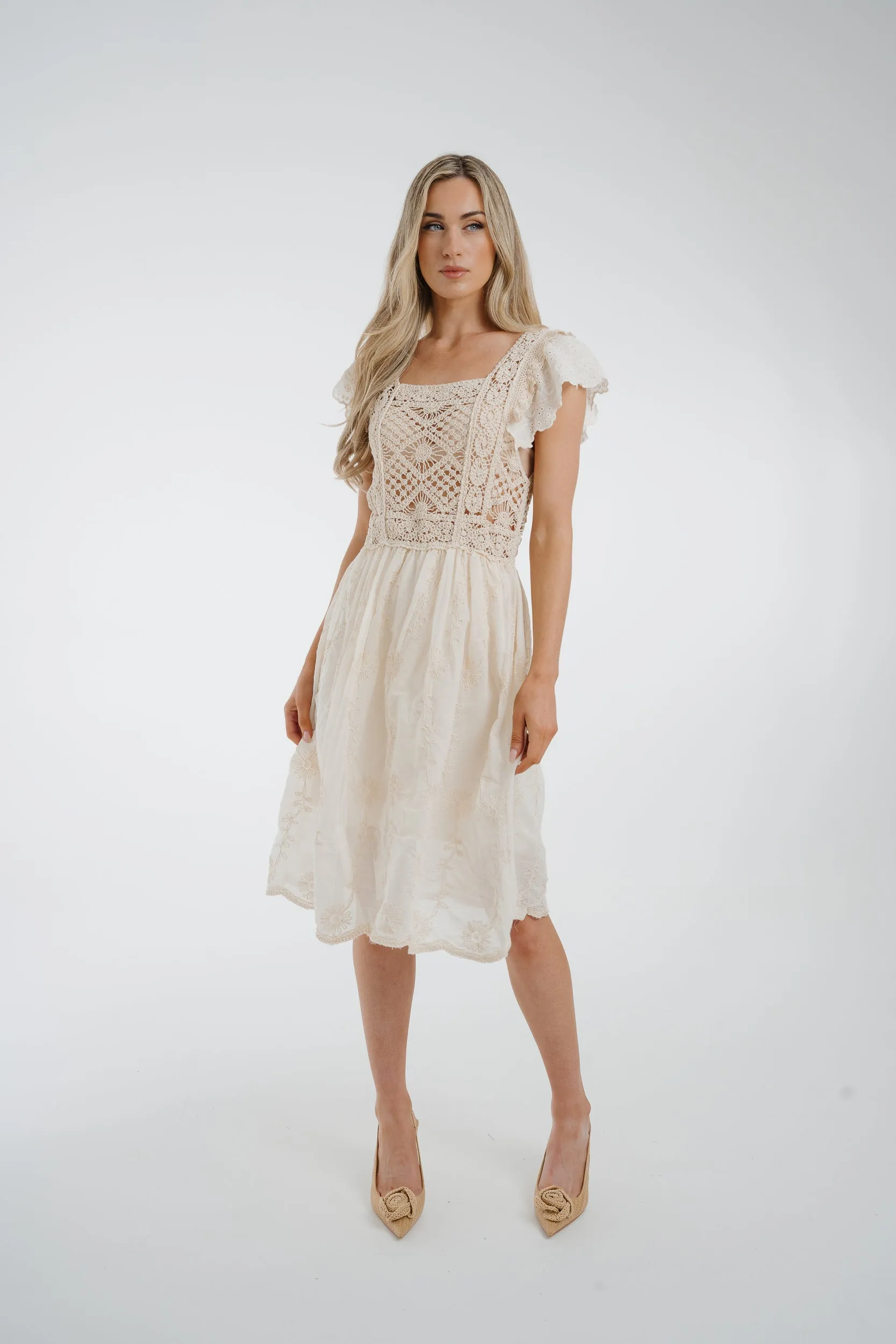 Ally Frill Sleeve Crochet Dress In Cream