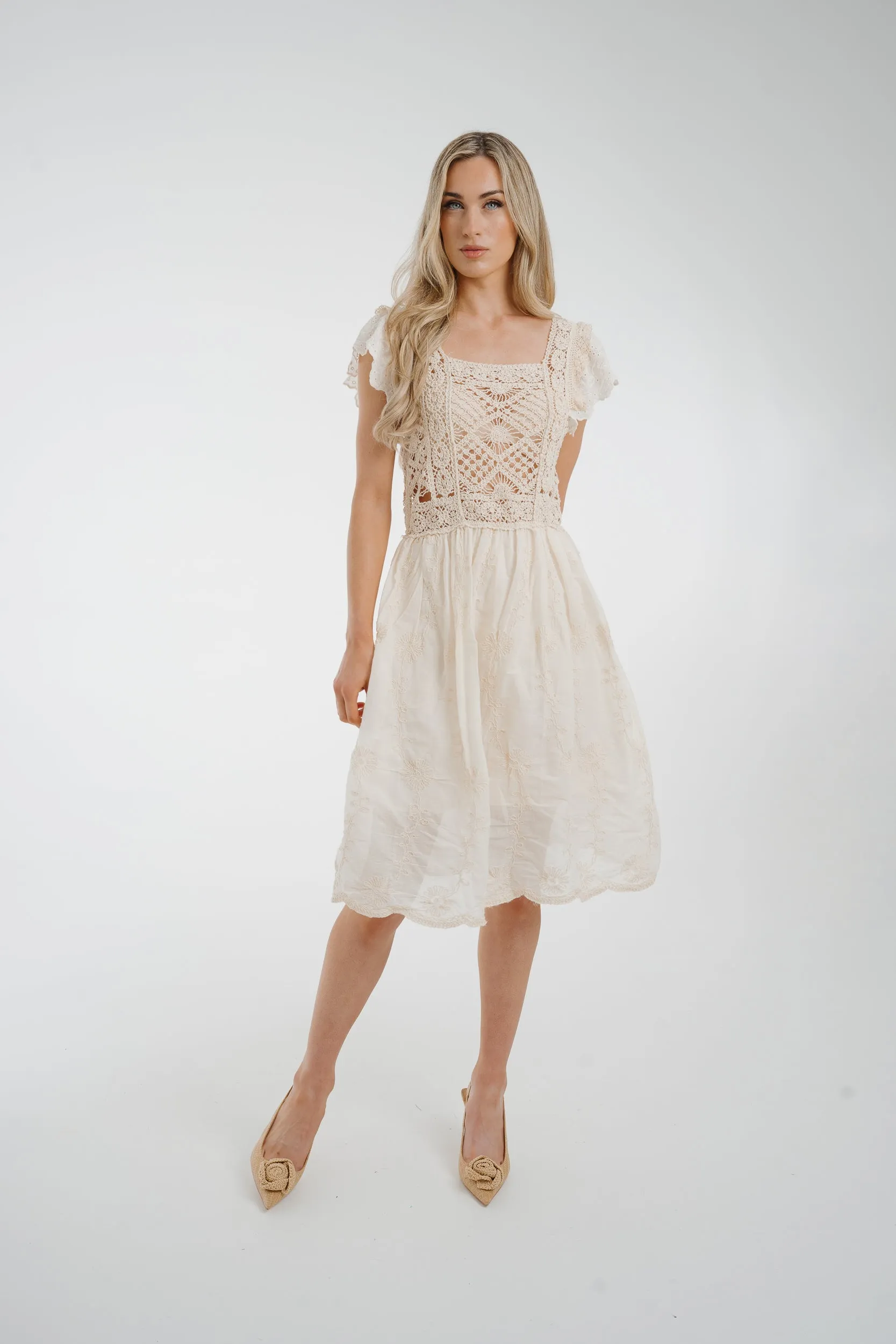 Ally Frill Sleeve Crochet Dress In Cream