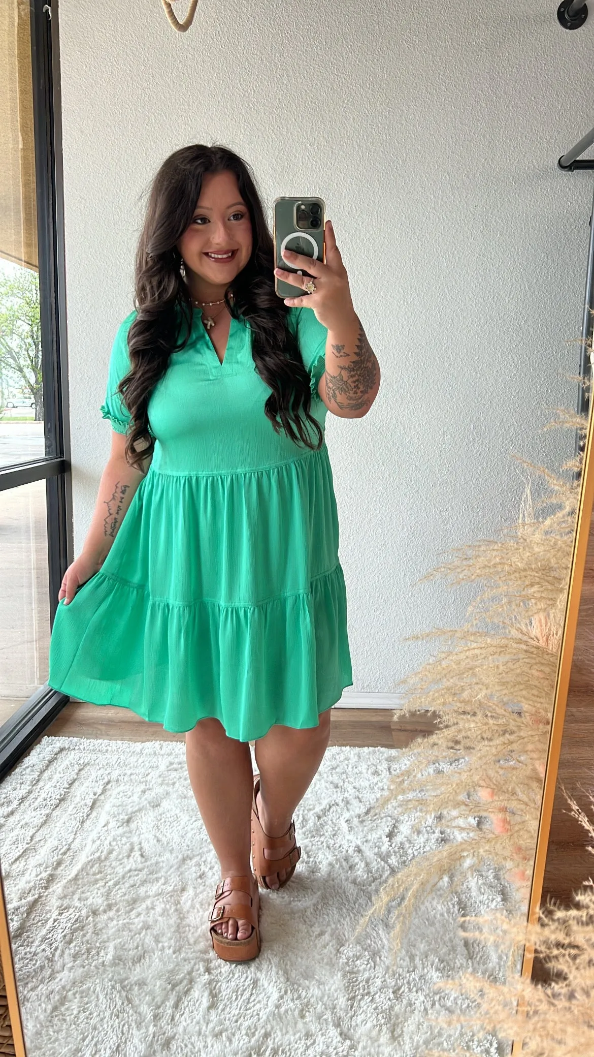 Aqua Green Ruffled Trim Tiered Dress