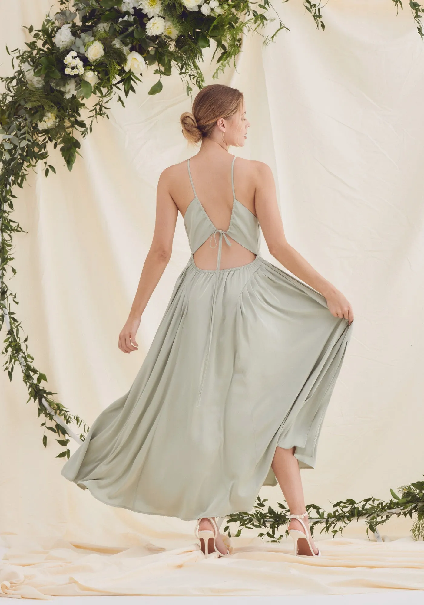 Arabella Gathered Tie Back Satin Midi Dress - Sage Green