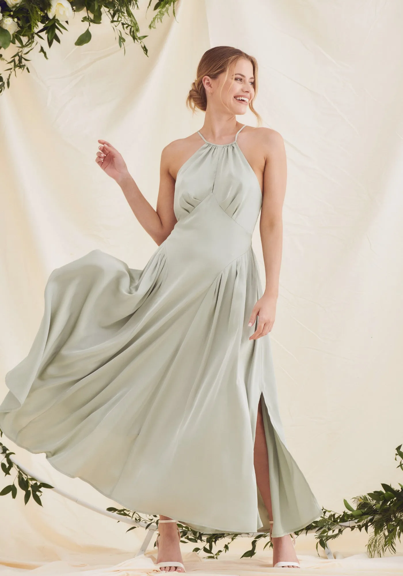 Arabella Gathered Tie Back Satin Midi Dress - Sage Green