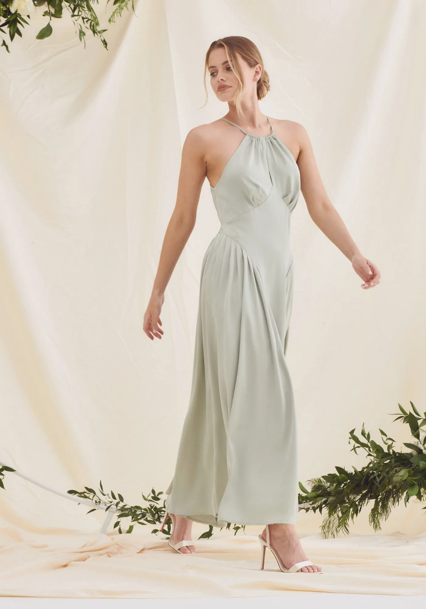 Arabella Gathered Tie Back Satin Midi Dress - Sage Green