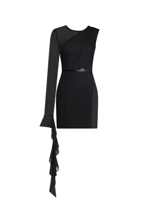 Astonishing one-shoulder mini dress with sheer inserts in black, Xo Xo