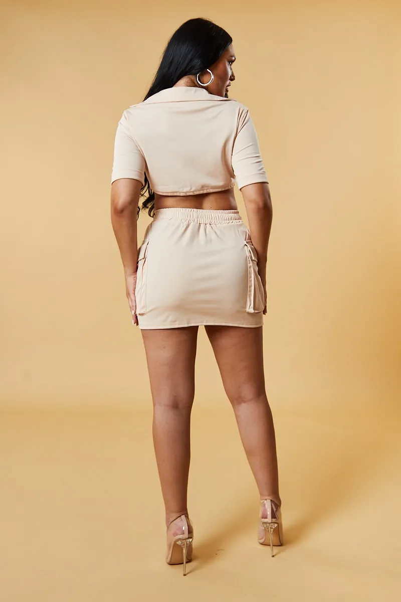 Beige Cropped Top & Cargo Skirt Co-ord Set - Rose