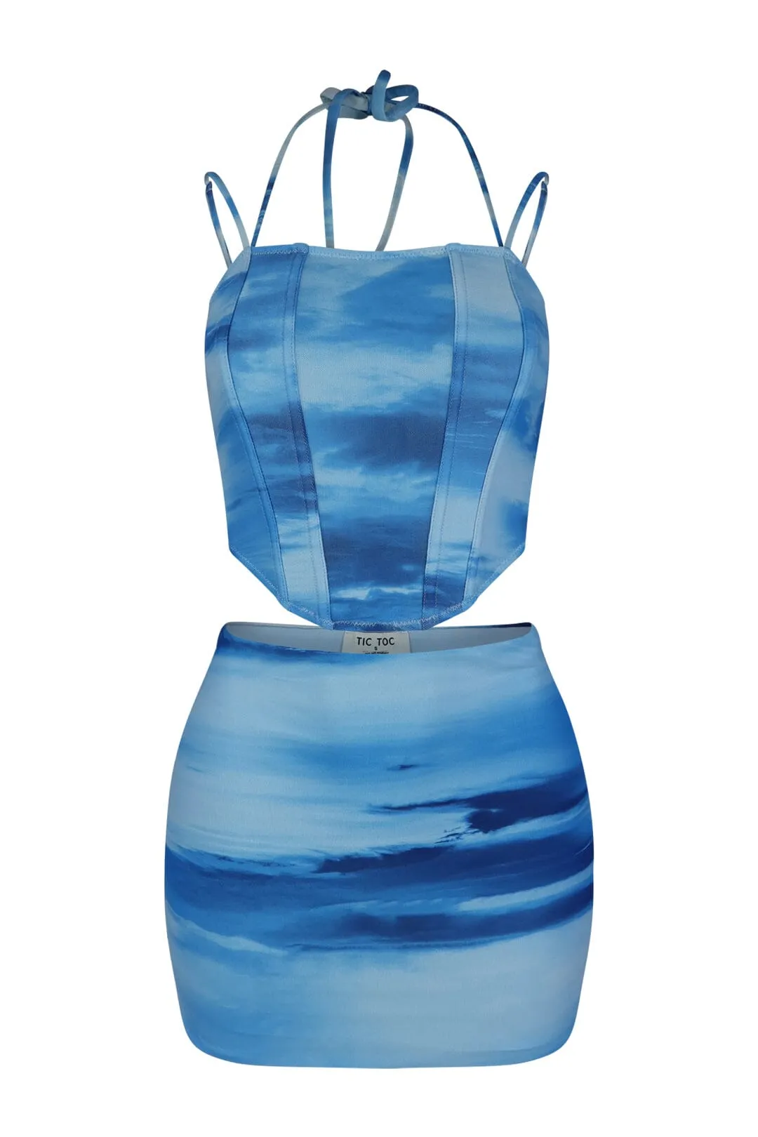 Bleu Print Mesh Halter Corset & Skirt SET