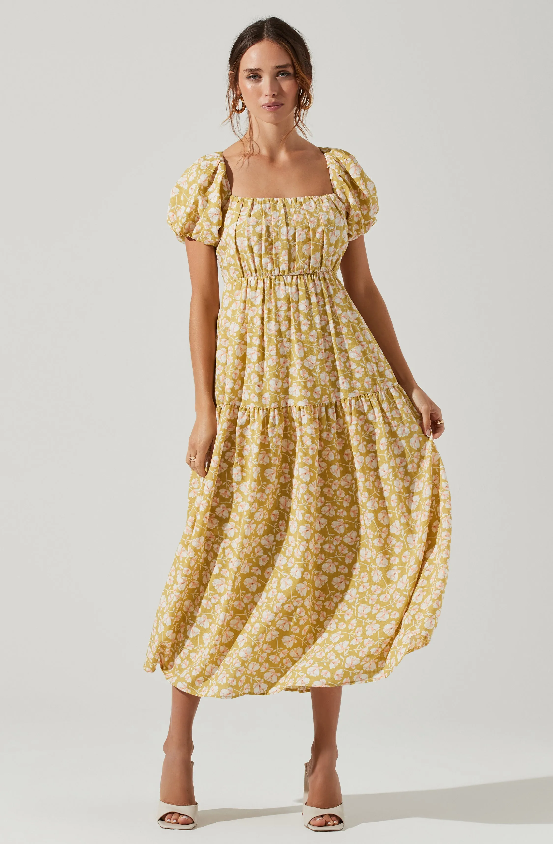 Bubble Sleeve Floral Tiered Midi Dress