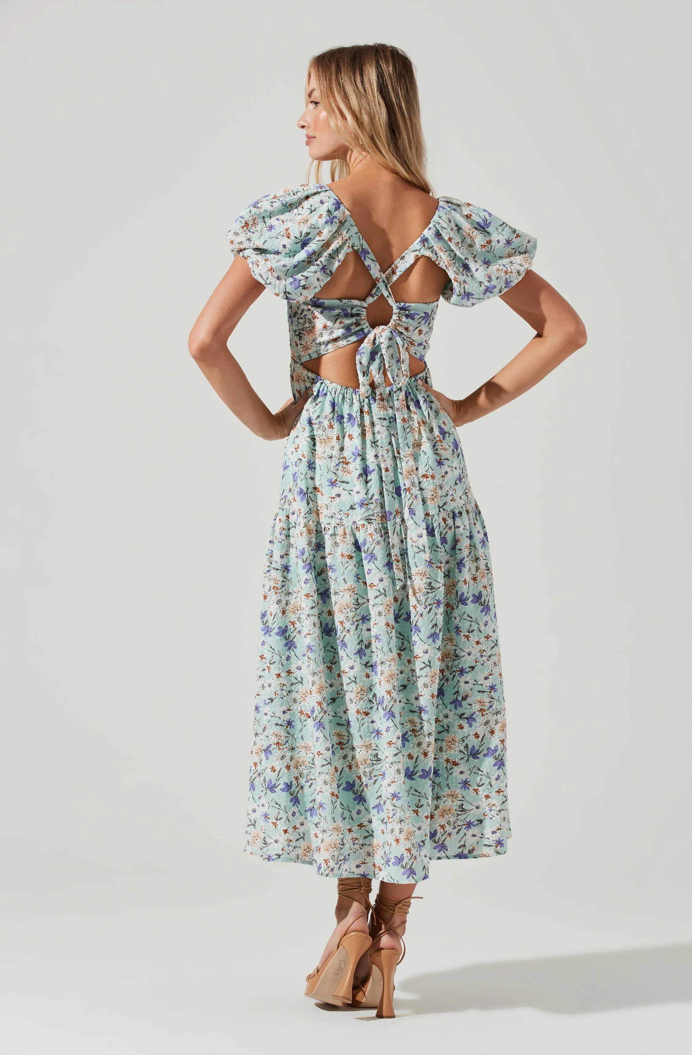 Bubble Sleeve Floral Tiered Midi Dress