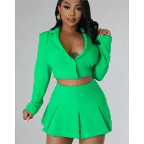 Buttoned Long Sleeve Top And Pleated Mini Skirt Set