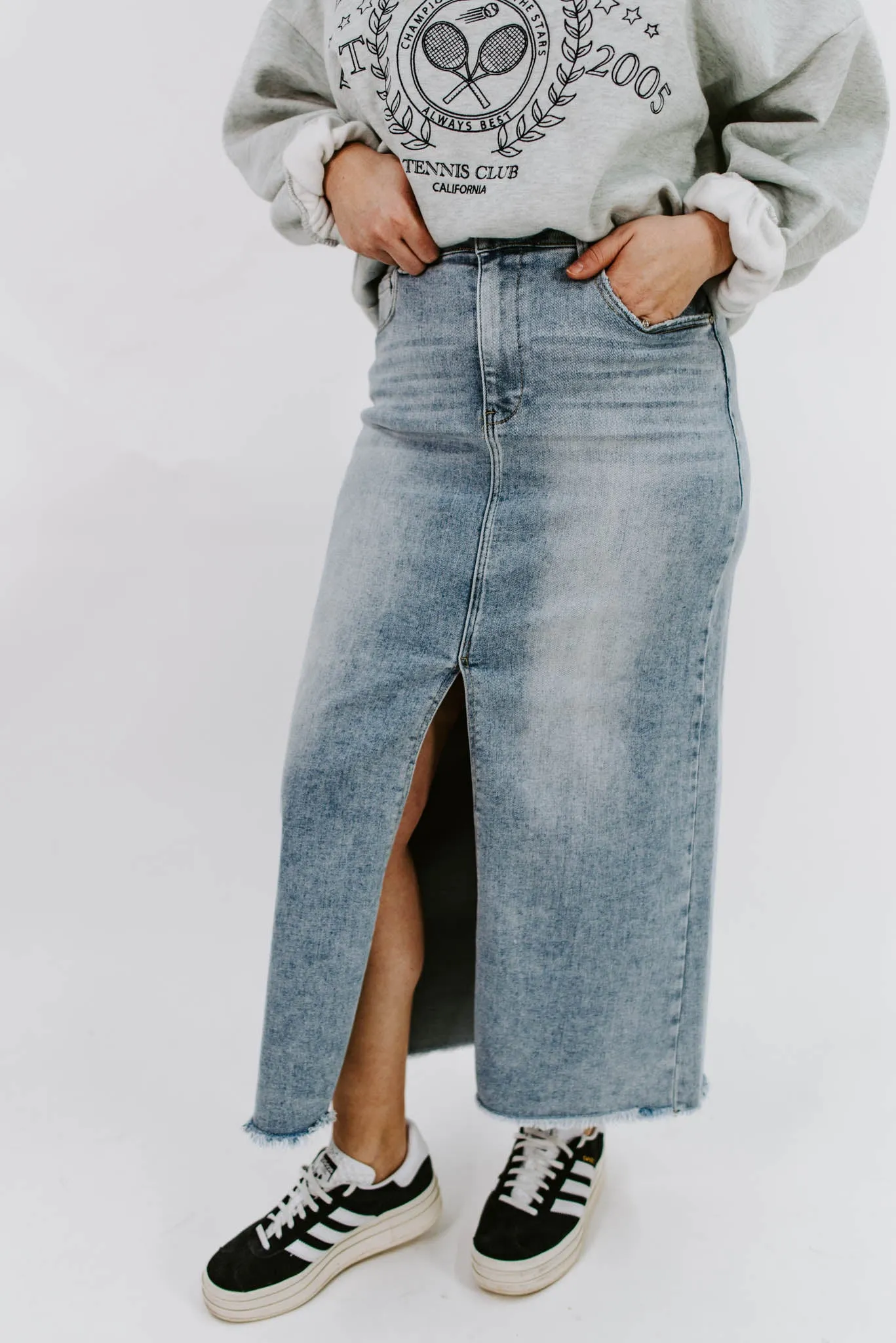 Celine Denim Front Slit Long Skirt | Risen