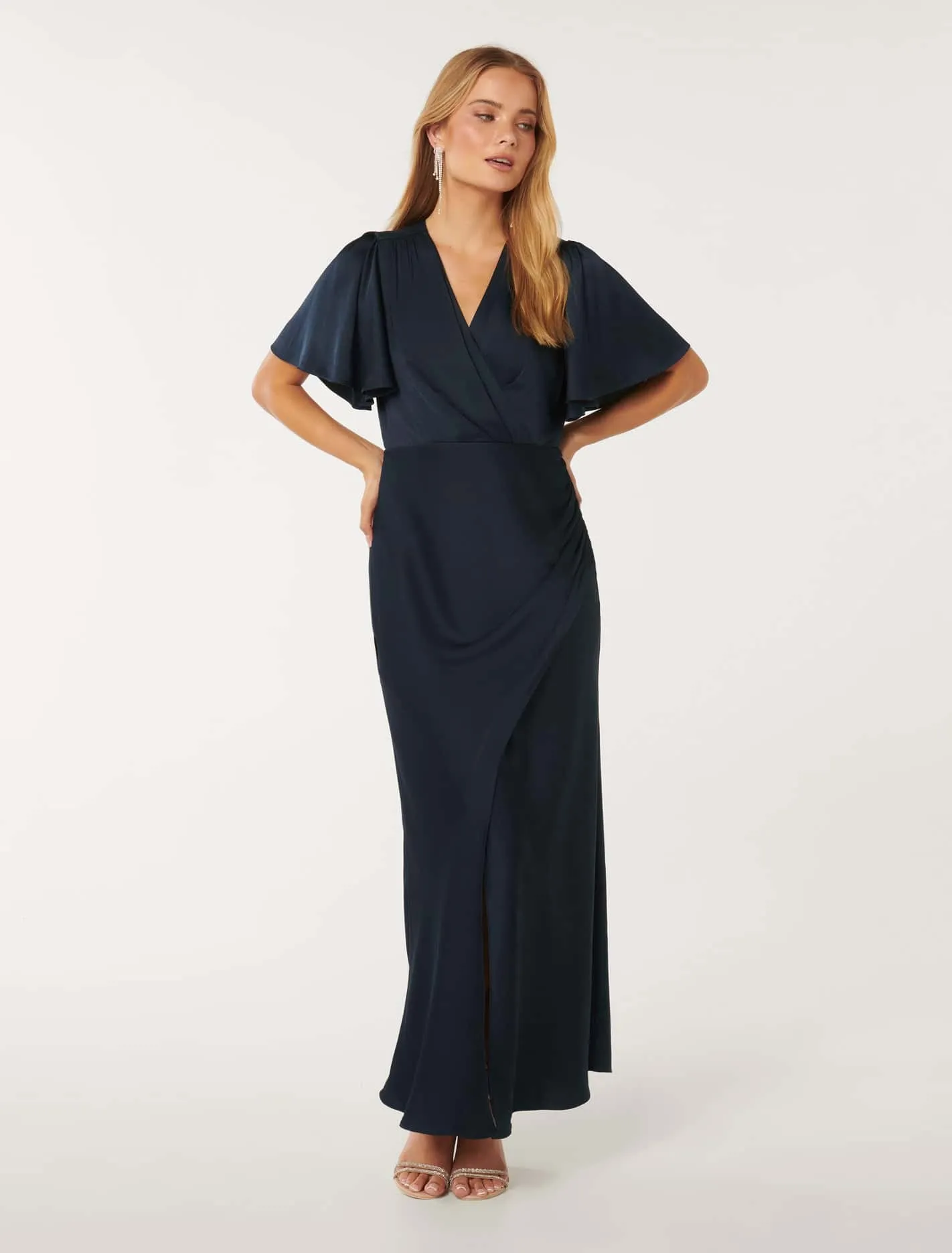 Chelsea Flutter Sleeve Satin Maxi Dress