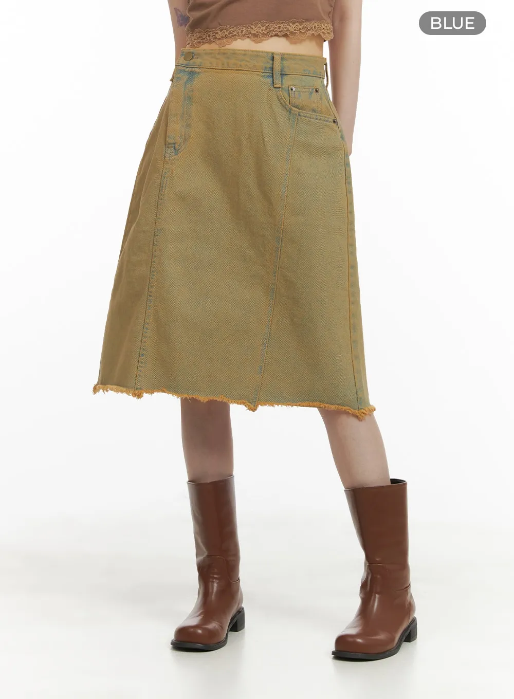 Destroyed Hem Midi Denim Skirt CA412