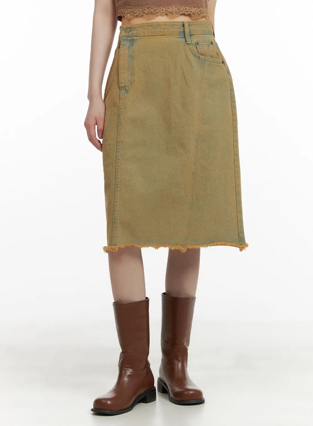 Destroyed Hem Midi Denim Skirt CA412