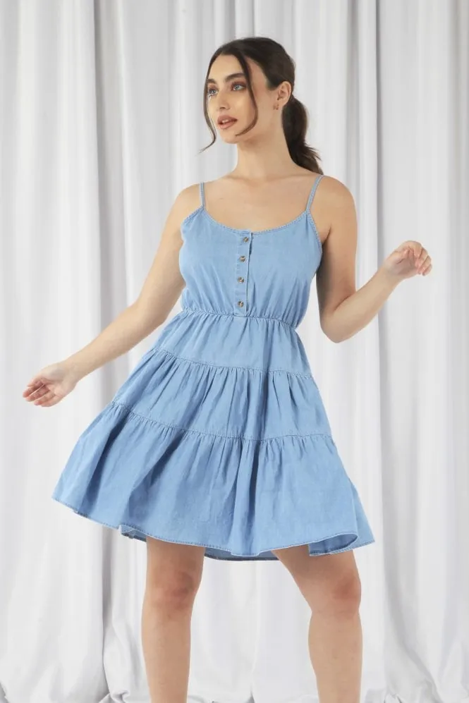 Double Second Blue Tiered Strappy Chambray Denim Dress