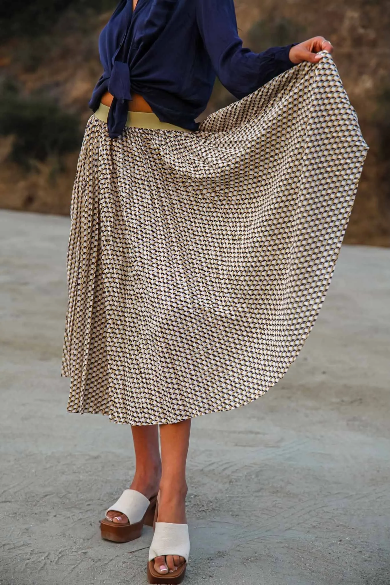 Draped in Dreams Pleated Midi Skirt - Butter/Navy