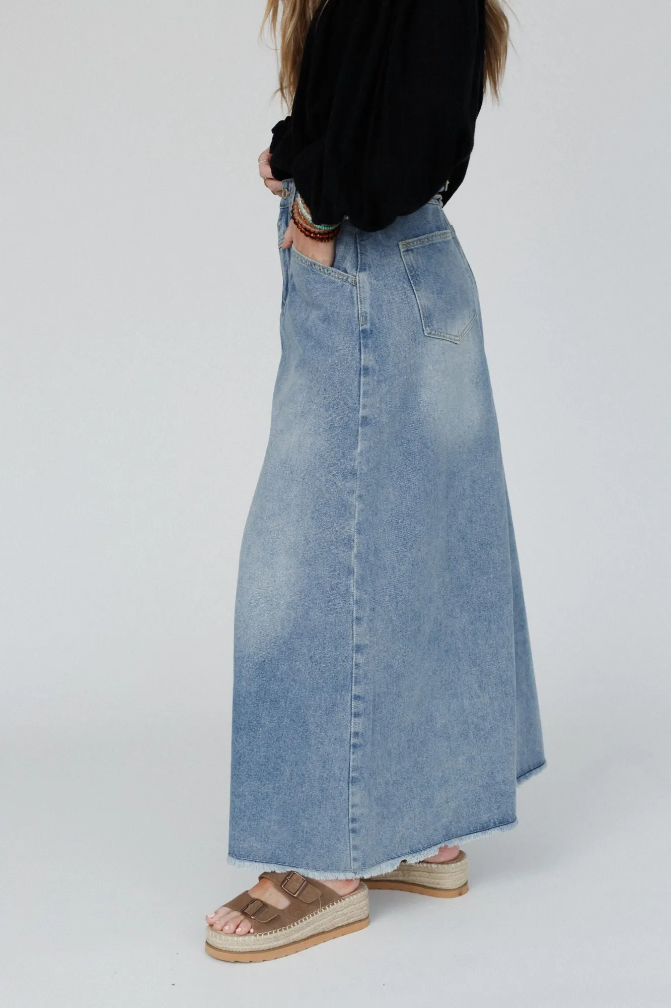 Drift Along Frayed Maxi Skirt - Denim