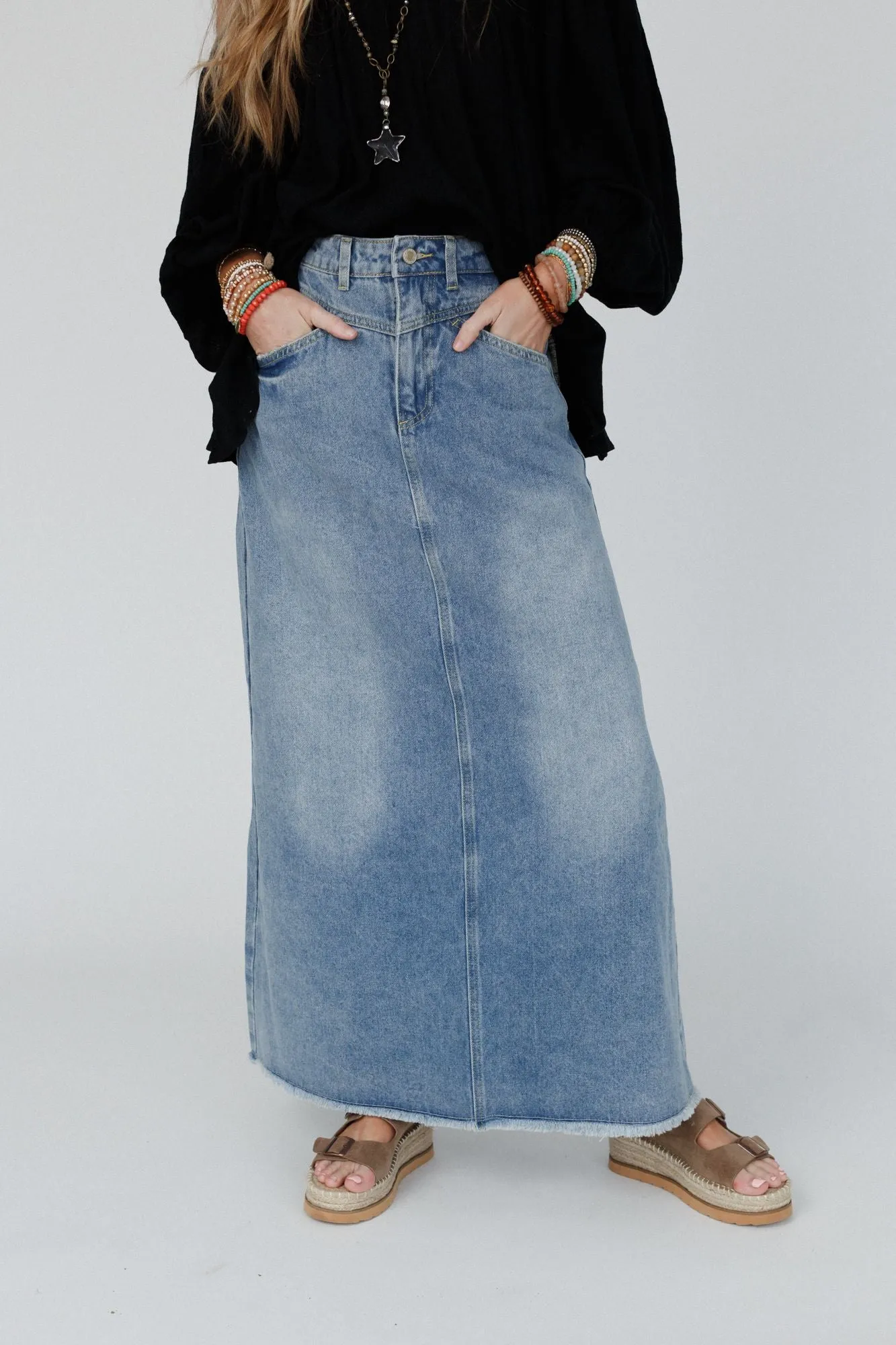 Drift Along Frayed Maxi Skirt - Denim