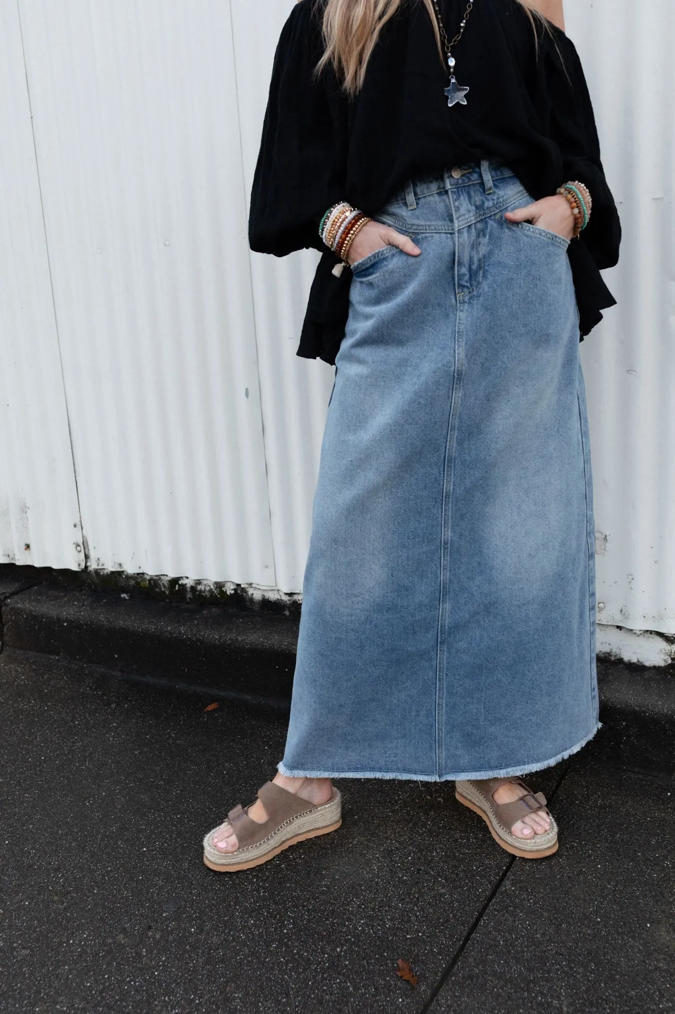 Drift Along Frayed Maxi Skirt - Denim