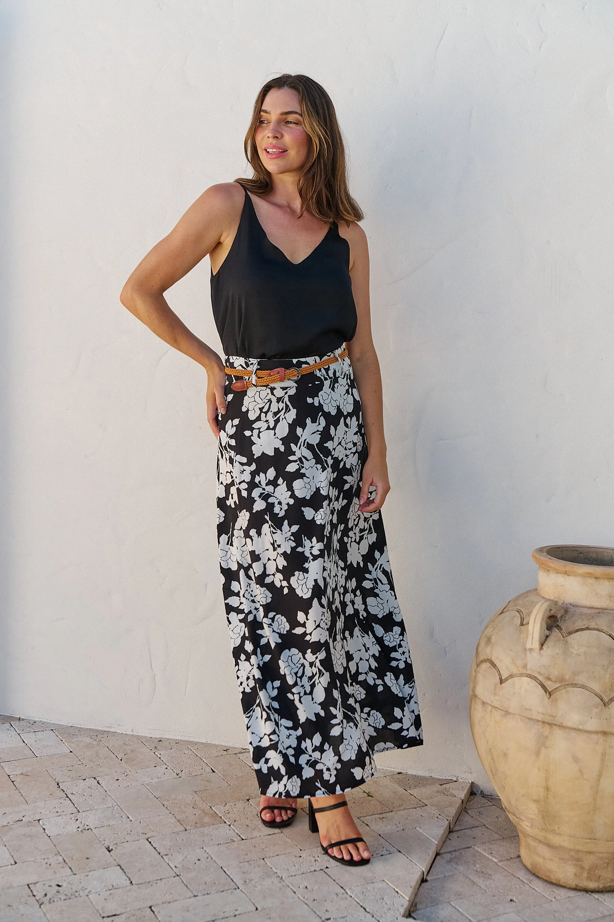 Esperence Black/White Floral Print Maxi Skirt