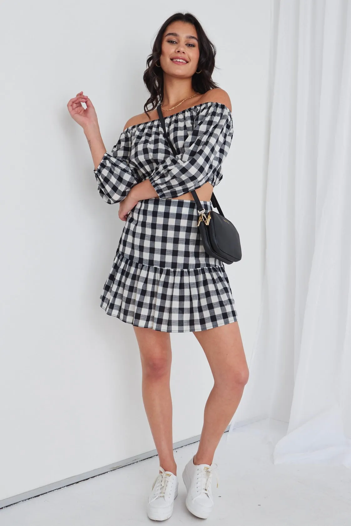 Flicker Black Gingham Tiered Mini Skirt