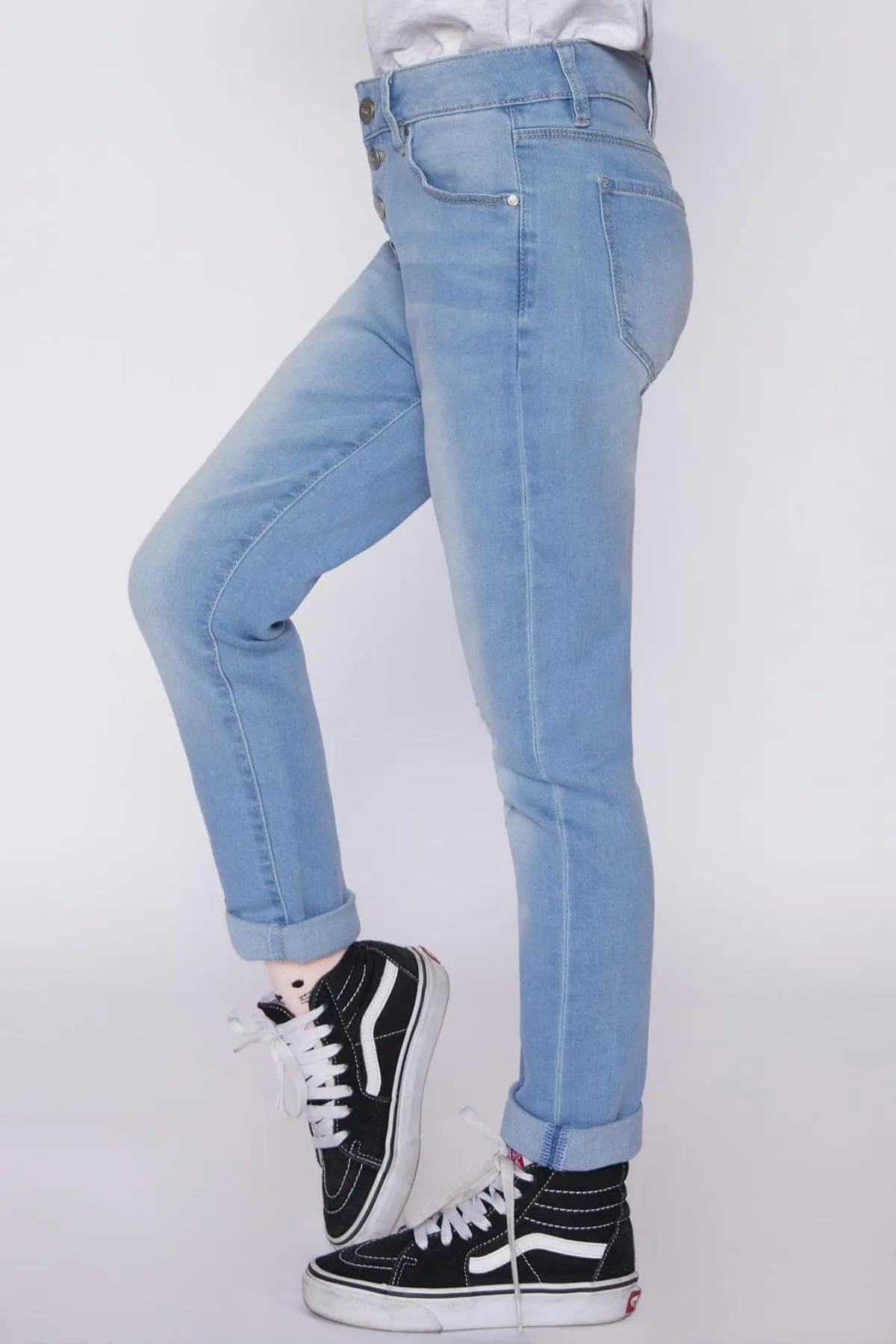 Girls Exposed Button High Waist Ankle Jeans