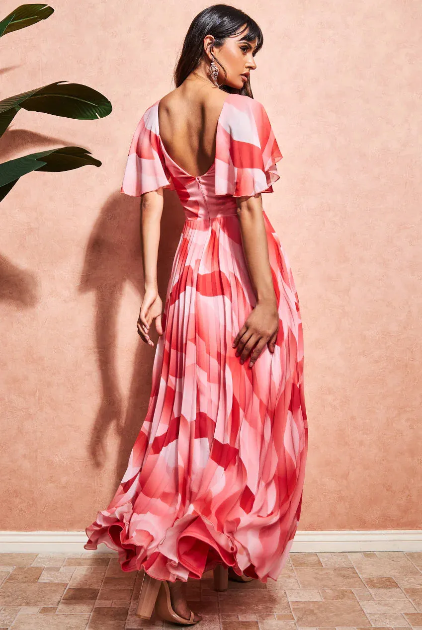 Goddiva Printed Chiffon Pleated Maxi Dress