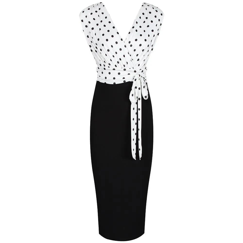 Ivory And Black Polka Dot Wrap Effect Bodycon Midi Dress