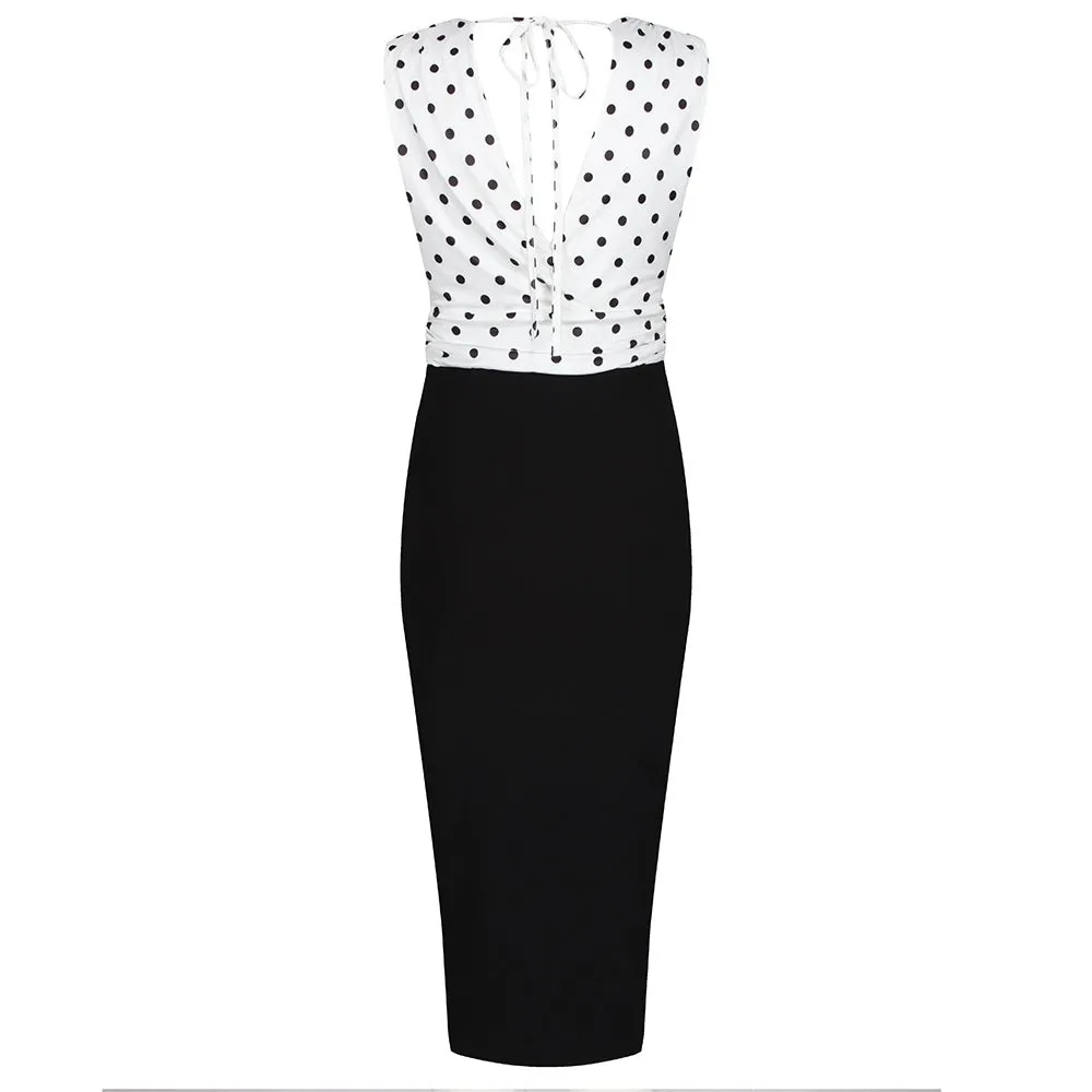 Ivory And Black Polka Dot Wrap Effect Bodycon Midi Dress