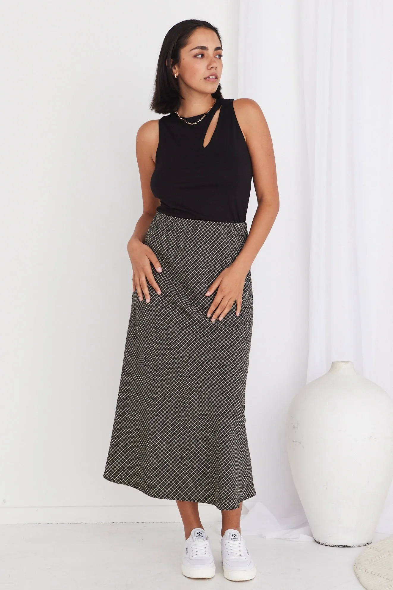 Ivy Black Check Bias Cut Midi Skirt