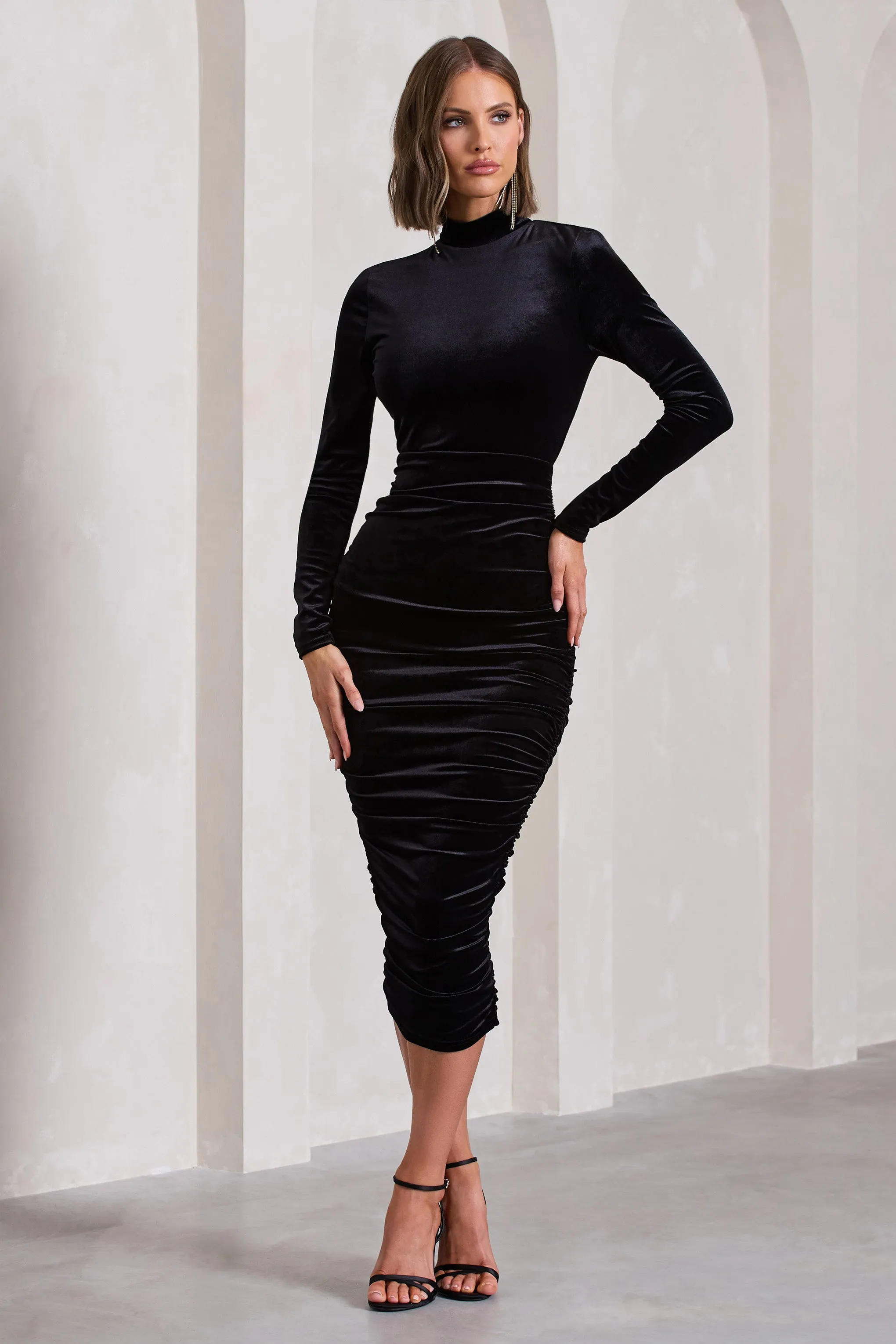 Joanna | Black Velvet High-Neck Backless Midi Dress