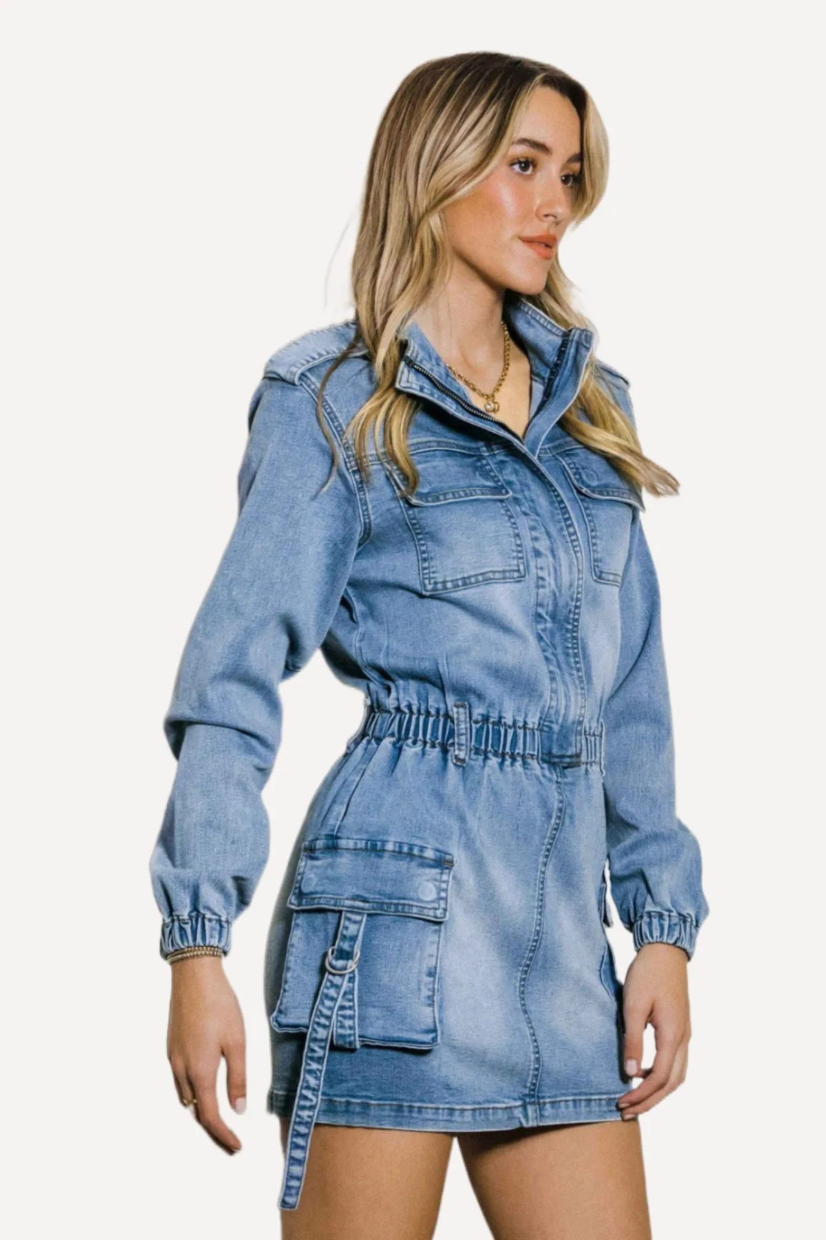 Juniors Long Sleeve Denim Mini Dress