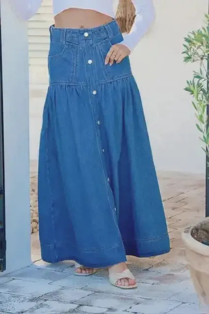 Kentucky Denim Button Front Maxi Skirt Mid Blue