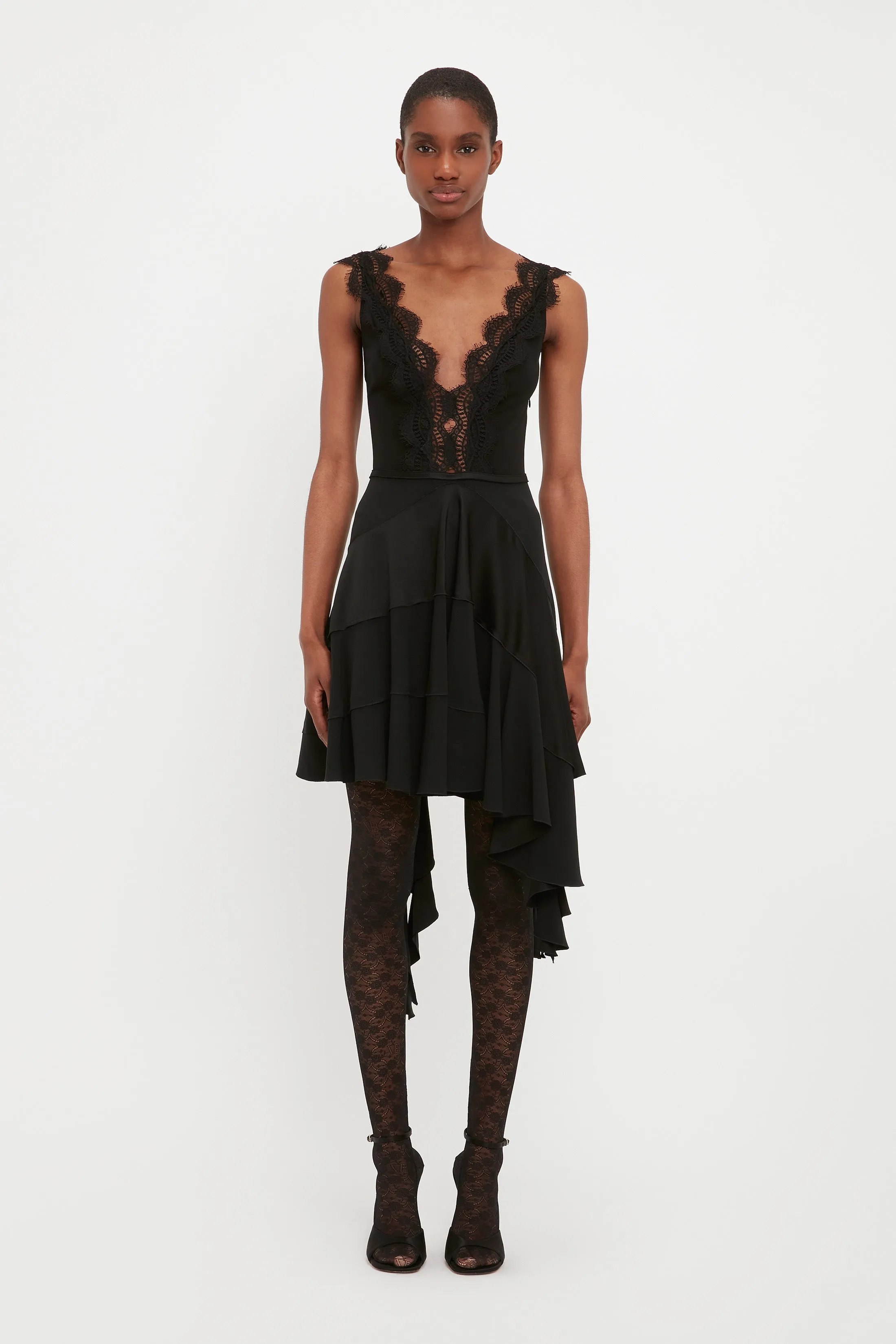 Lace Detail Ruffle Mini Dress In Black