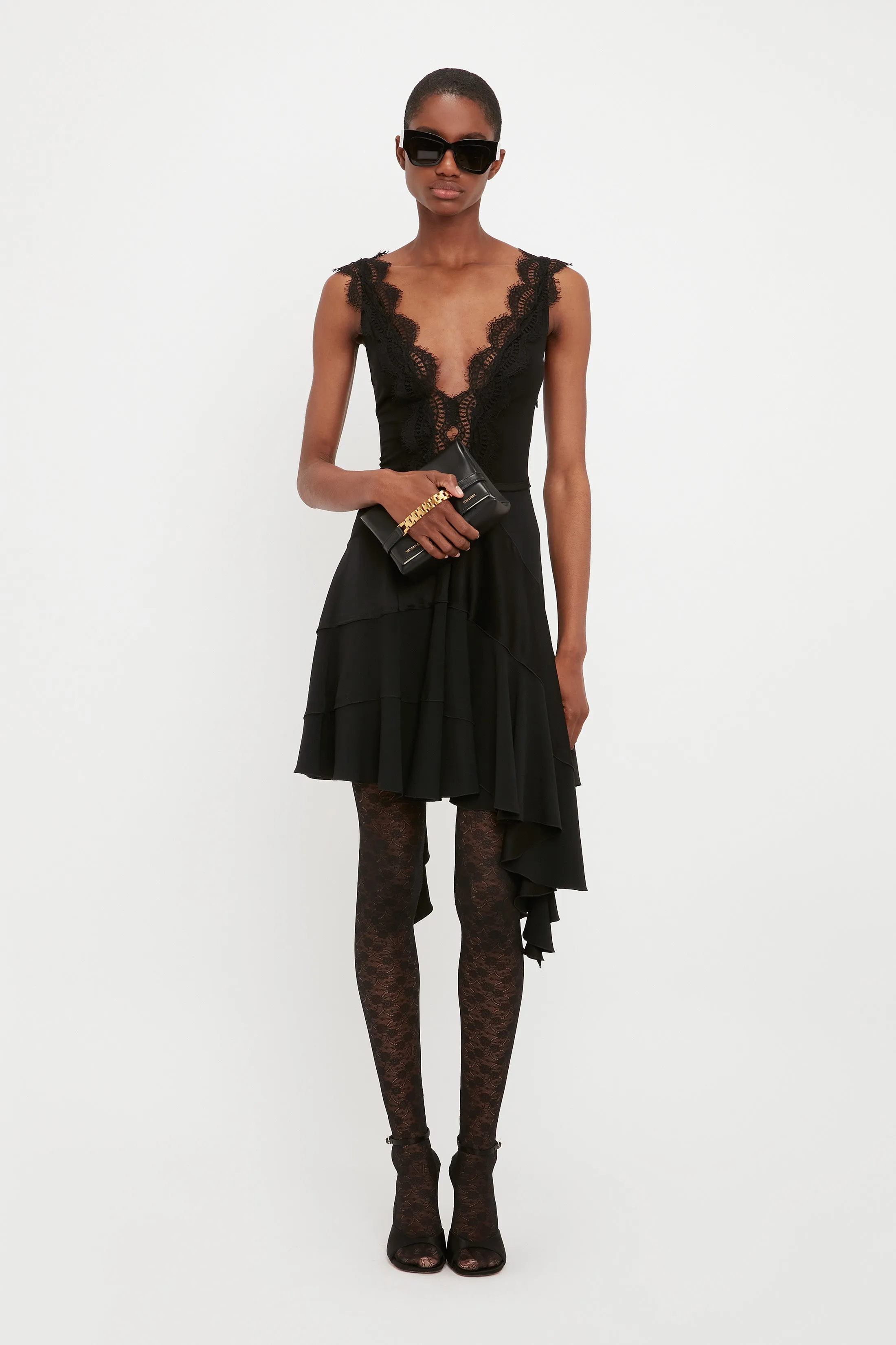 Lace Detail Ruffle Mini Dress In Black