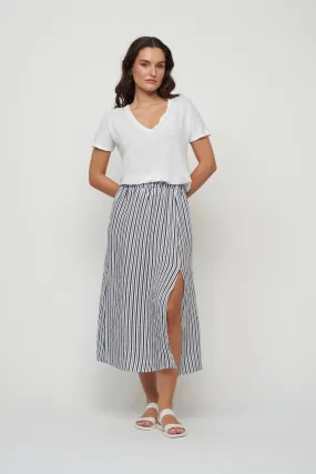 LINEN SKIRT WITH SLIT (NAVY STRIPE) - PISTACHE