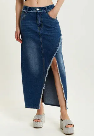 Liquorish Blue Wrap Front Maxi Denim Skirt