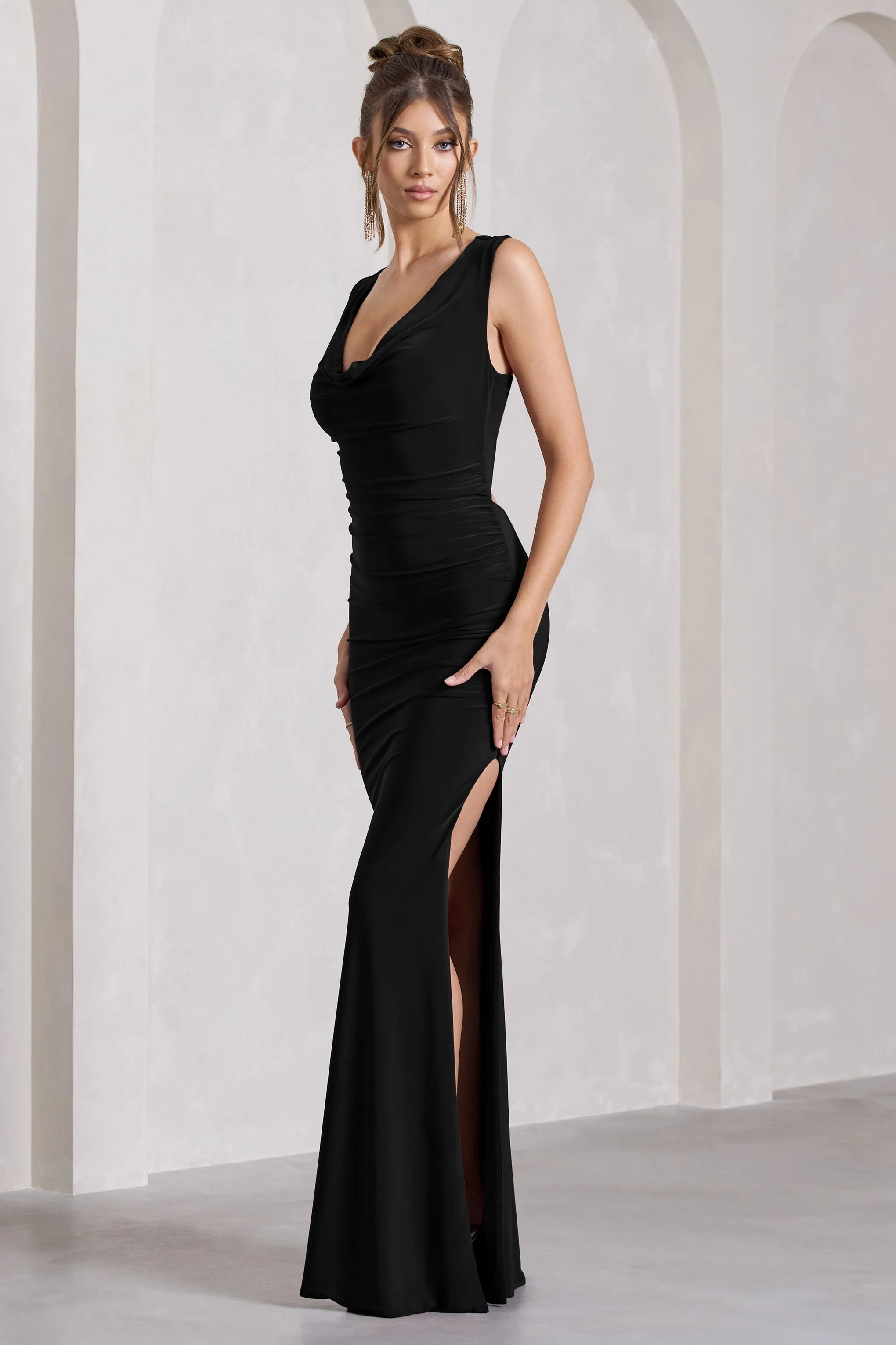 Lolita | Black Ruched Cowl-Neck Sleeveless Maxi Dress