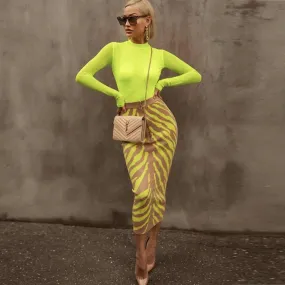 Long Lime Zebra Print Bandage Midi Skirt