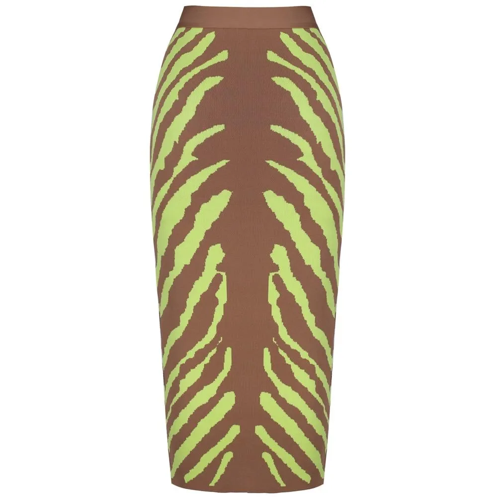 Long Lime Zebra Print Bandage Midi Skirt