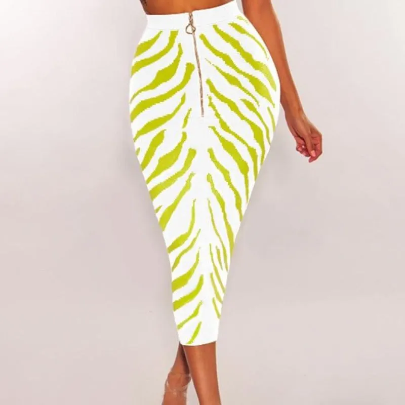 Long Lime Zebra Print Bandage Midi Skirt