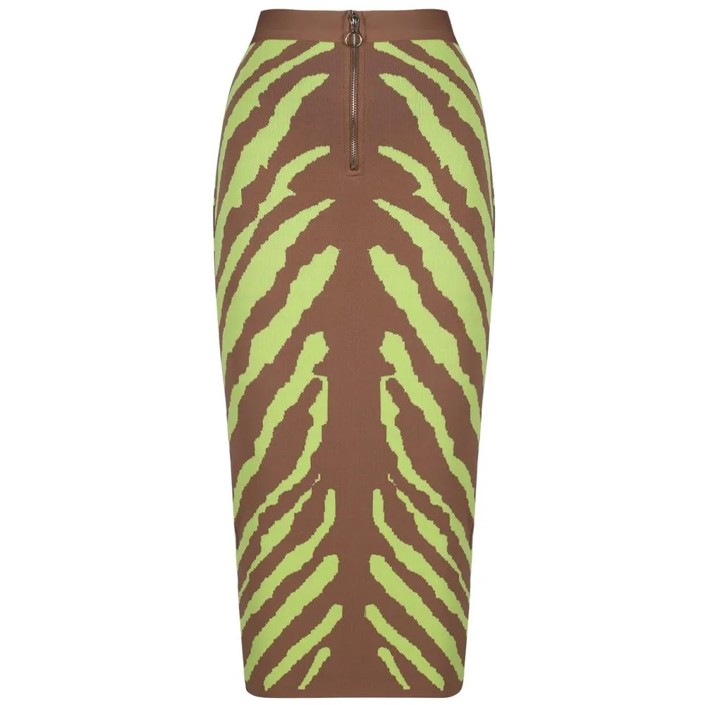 Long Lime Zebra Print Bandage Midi Skirt