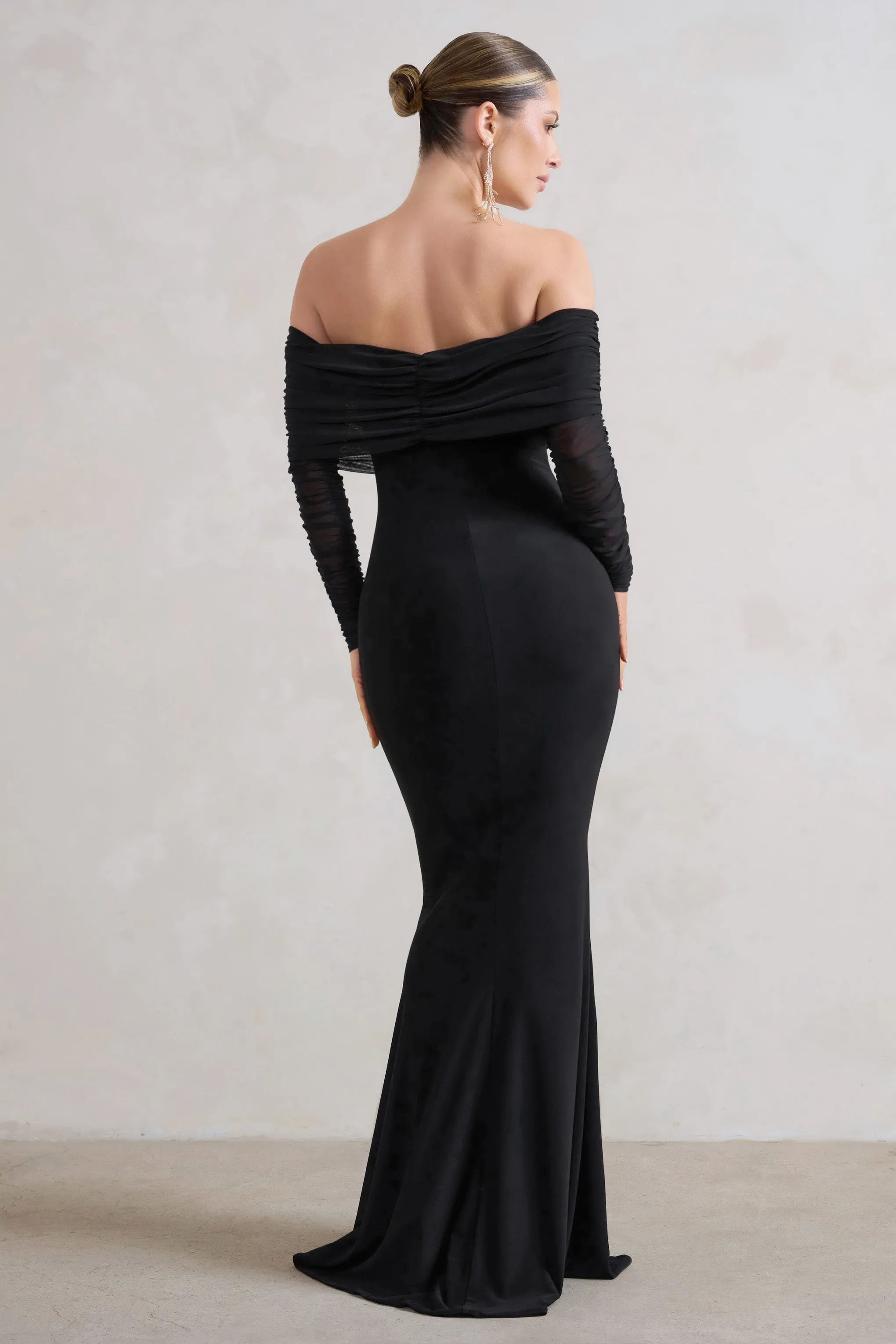 Madeleine | Black Fishtail Maxi Dress With Bardot Mesh Long Sleeves