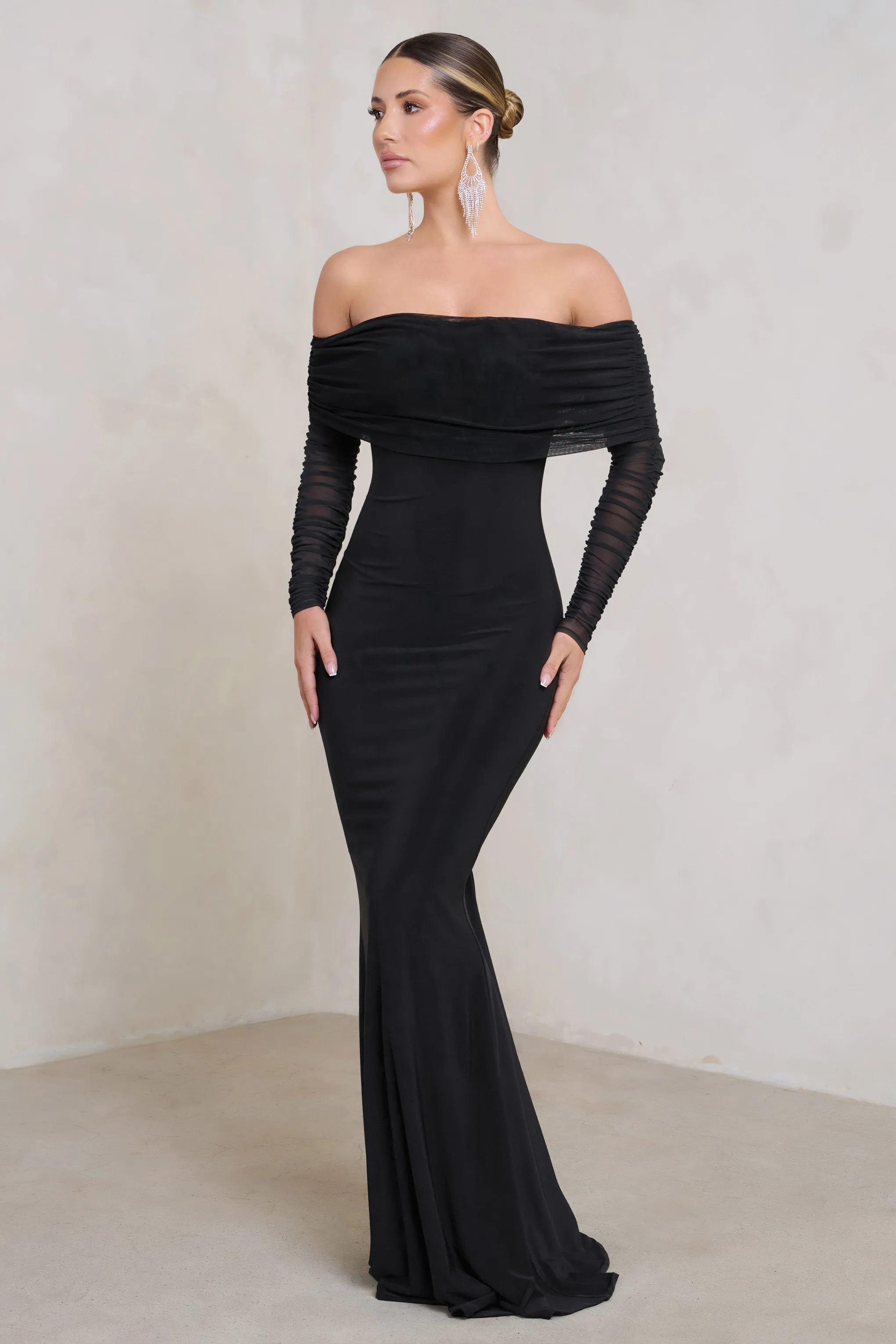 Madeleine | Black Fishtail Maxi Dress With Bardot Mesh Long Sleeves