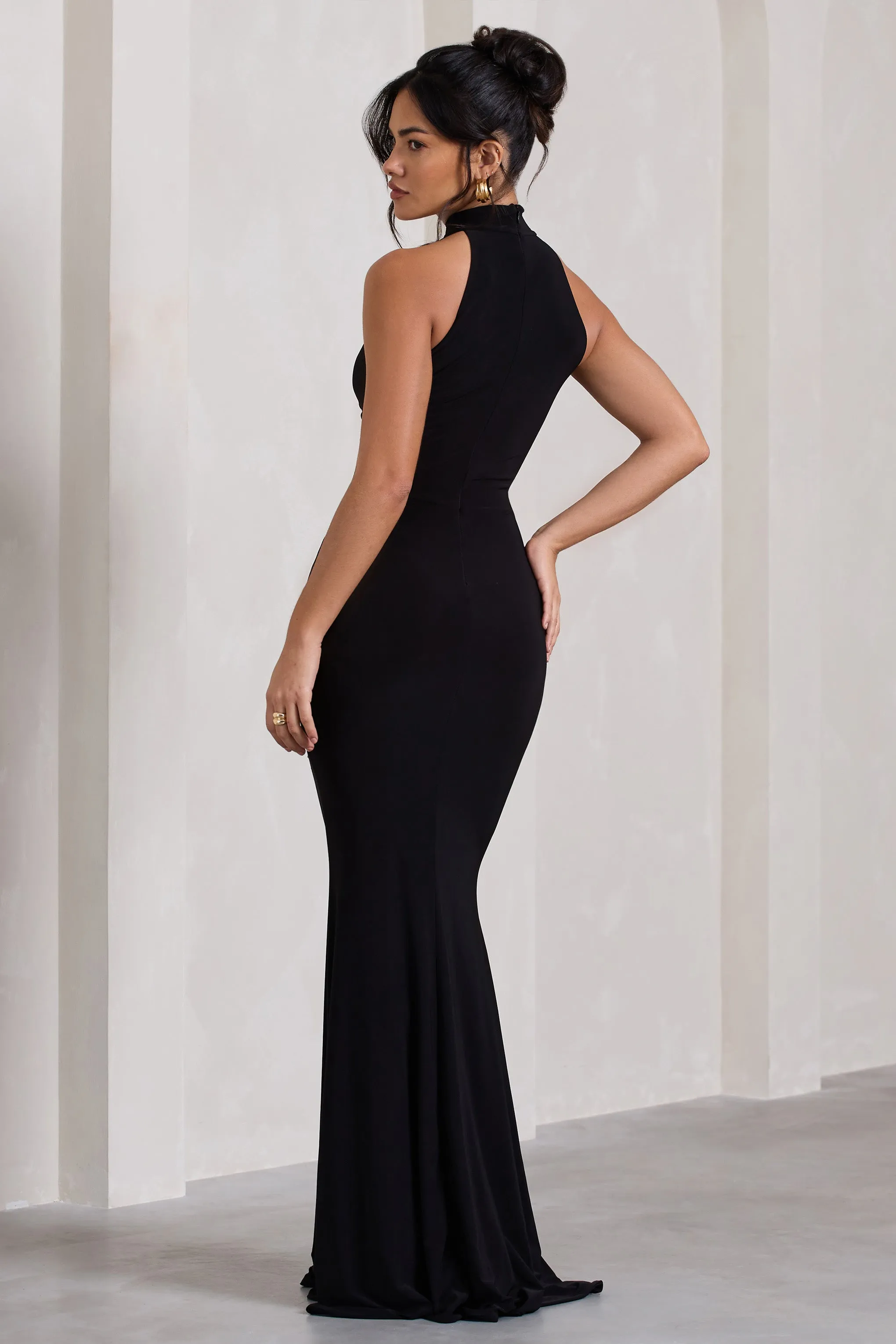 Memorable | Black Ruched High-Neck Split Fishtail Maxi Dress