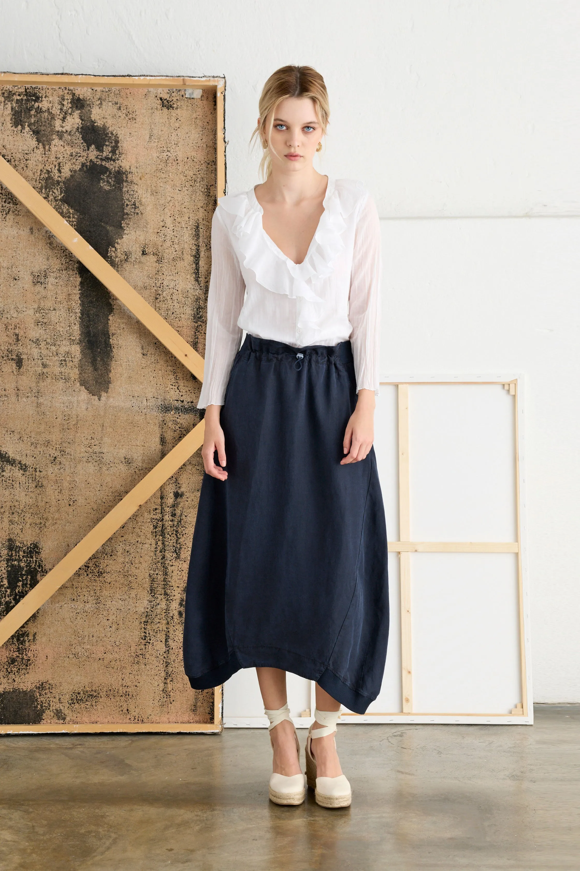 Midi Skirt with Drawstring Waist Garment-Dyed 2560 7049