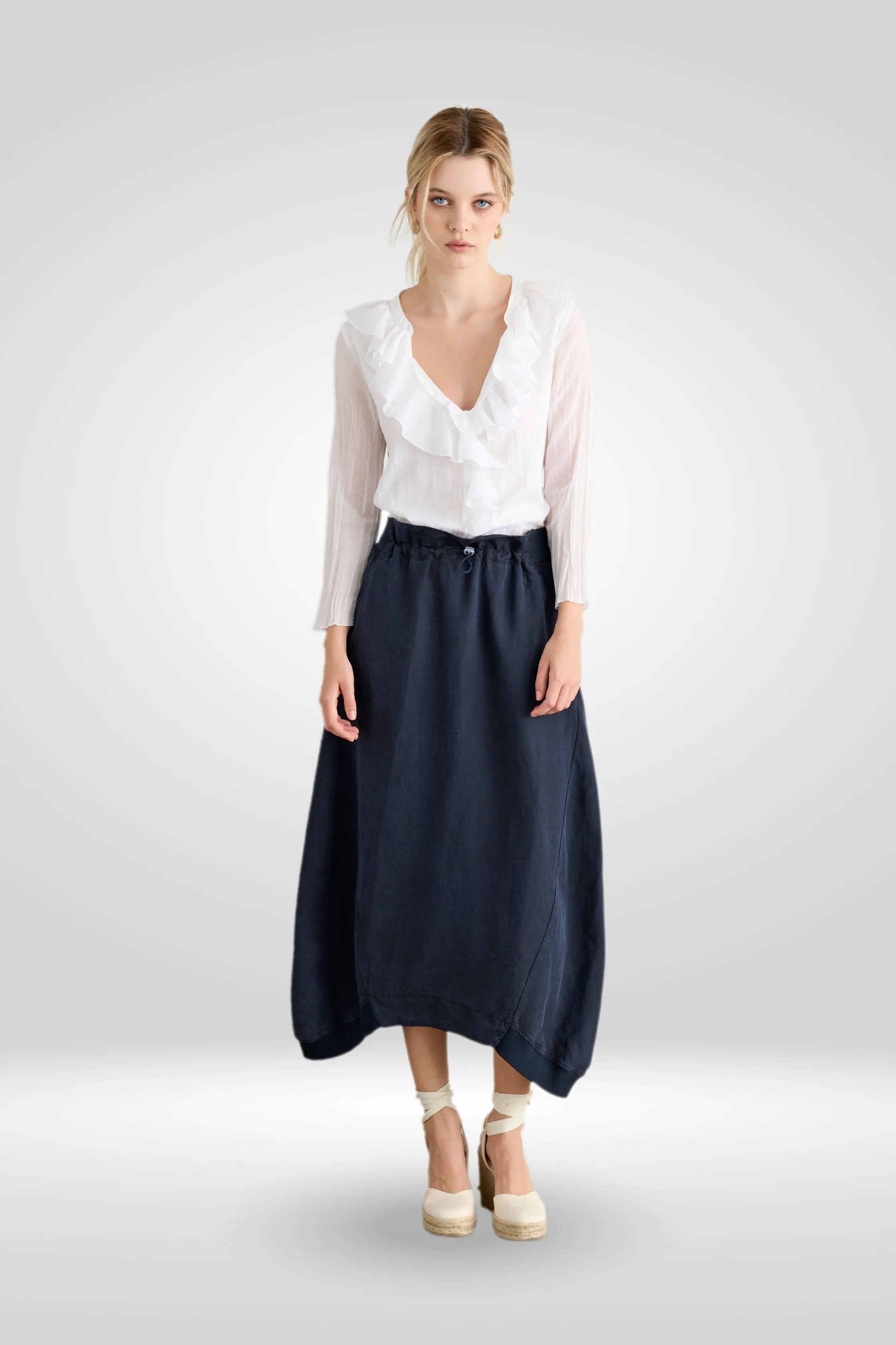 Midi Skirt with Drawstring Waist Garment-Dyed 2560 7049