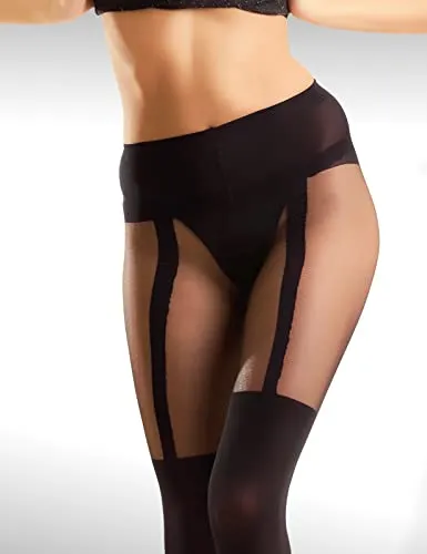 Mila Marutti Faux Thigh High Pantyhose Mock Suspender Pantyhose (M, Black)